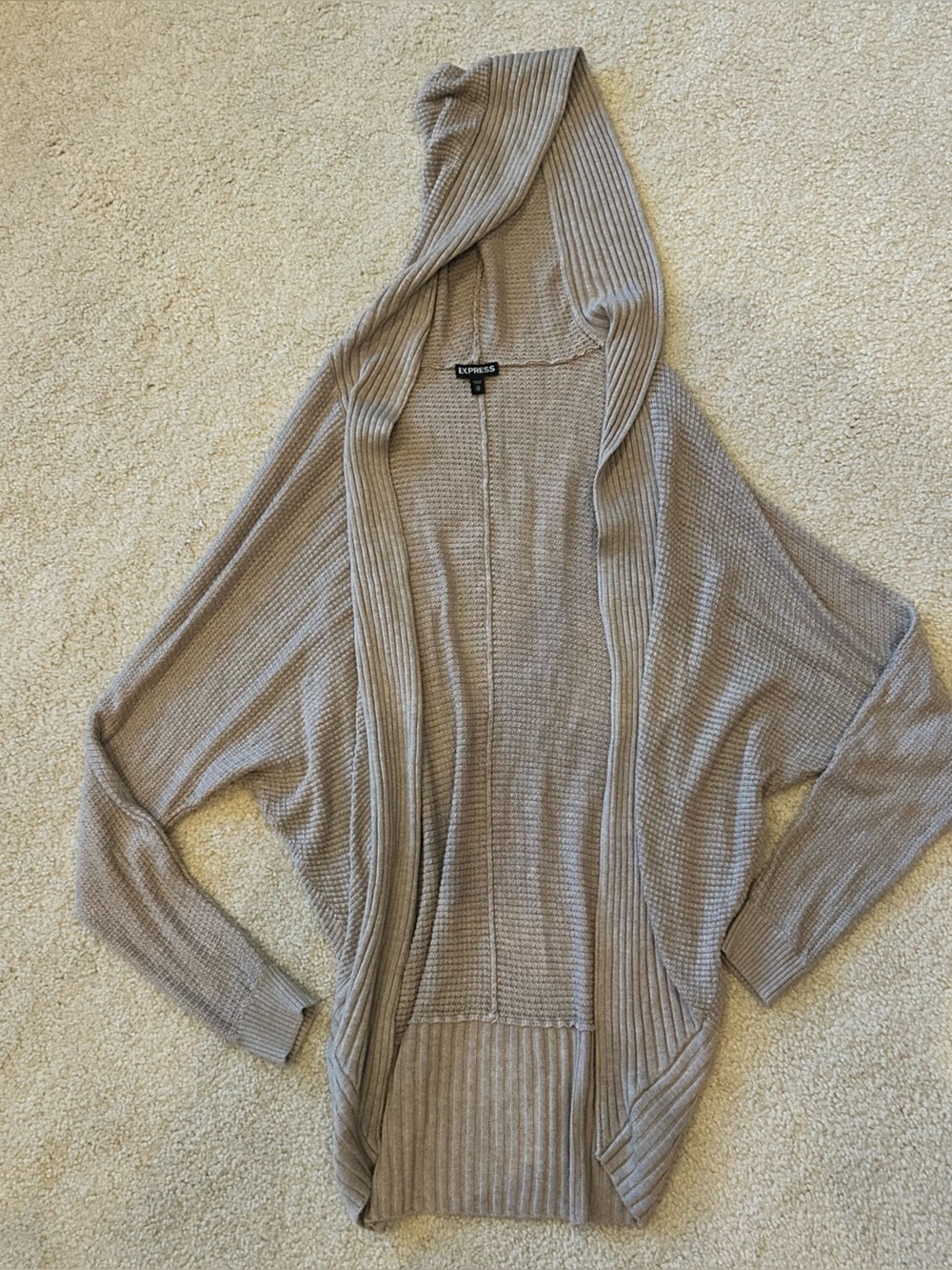 Express Taupe Ribbed Hooded Open Cardigan